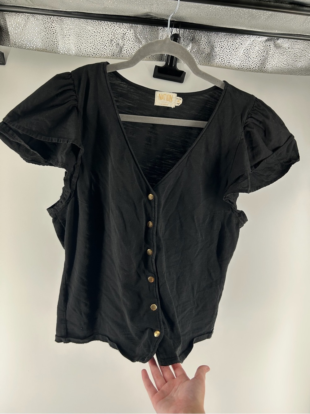 NATION Black Button-Front Puff Sleeve Top